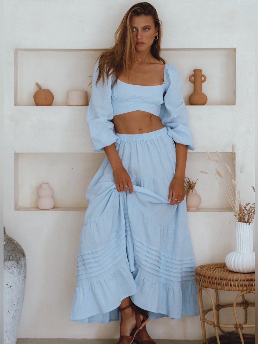 NWOT STUNNING MUMBAI BALLIN LINEN CIEL  BLUE TOP AND SKIRT SET